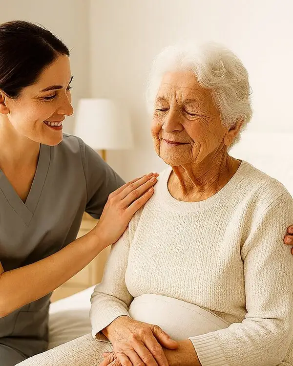 Une infirmière souriante en discussion avec une cliente âgée à son domicile